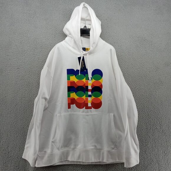 Polo Ralph Lauren Sweatshirt Mens 3XB White Rainbow Color Block Fleece Logo Hood